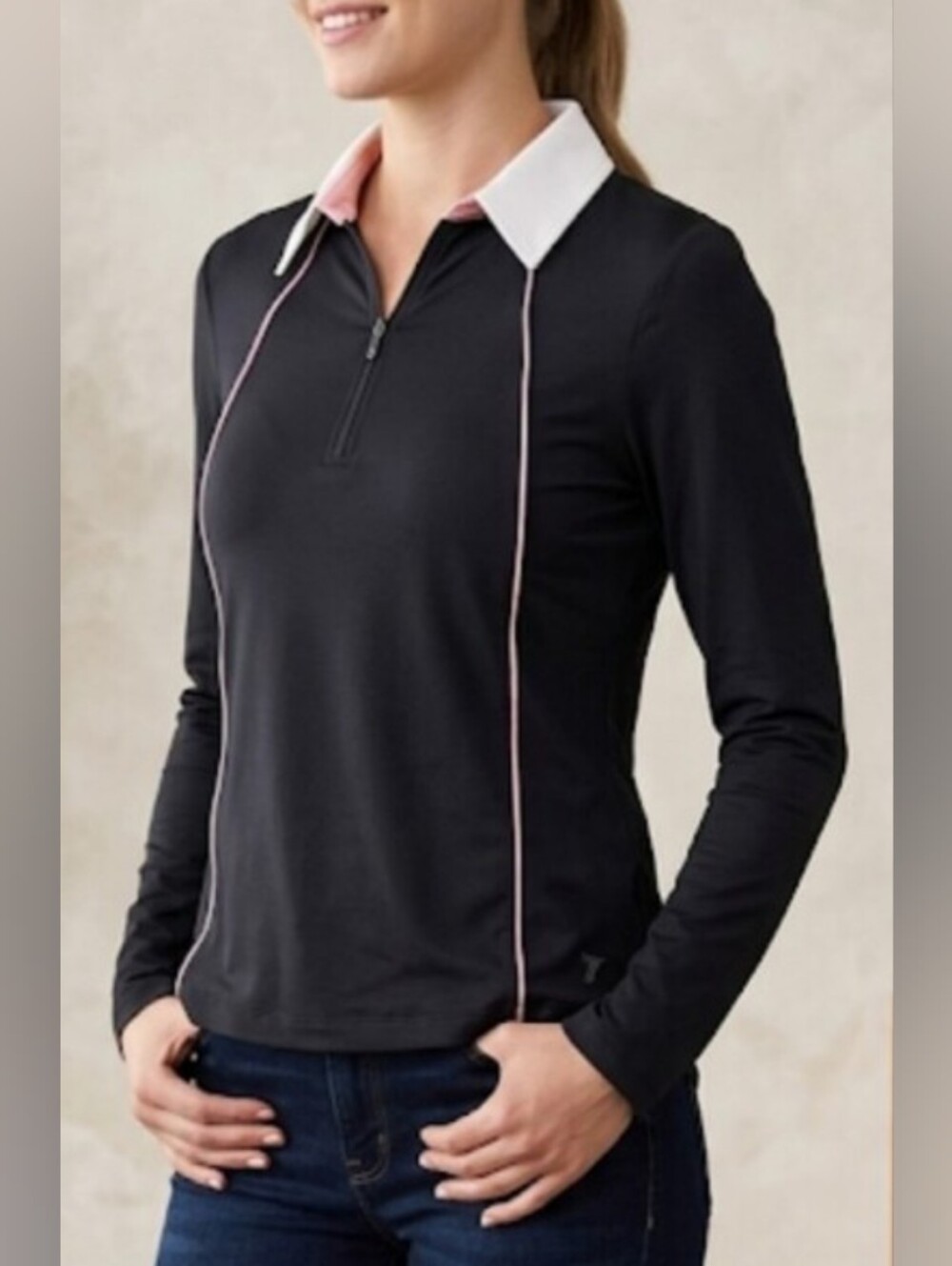Belyn Key Black Long-Sleeve Polo Top with White Collar and Pink Piping